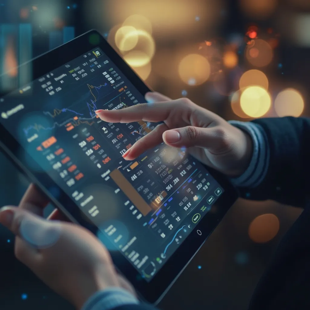 Mãos a interagir com um tablet mostrando dados financeiros