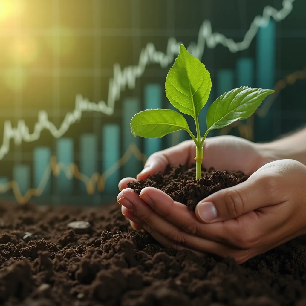 Mãos a ajudar uma planta a crescer com gráfico ao fundo